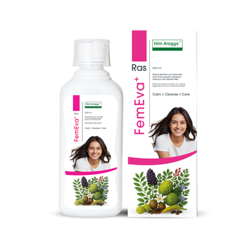 FemEva+ Ras Ayurvedic tonic by Him Arogya in 500ml bottle and packaging, designed for hormonal balance, energy boost, and wellness support.