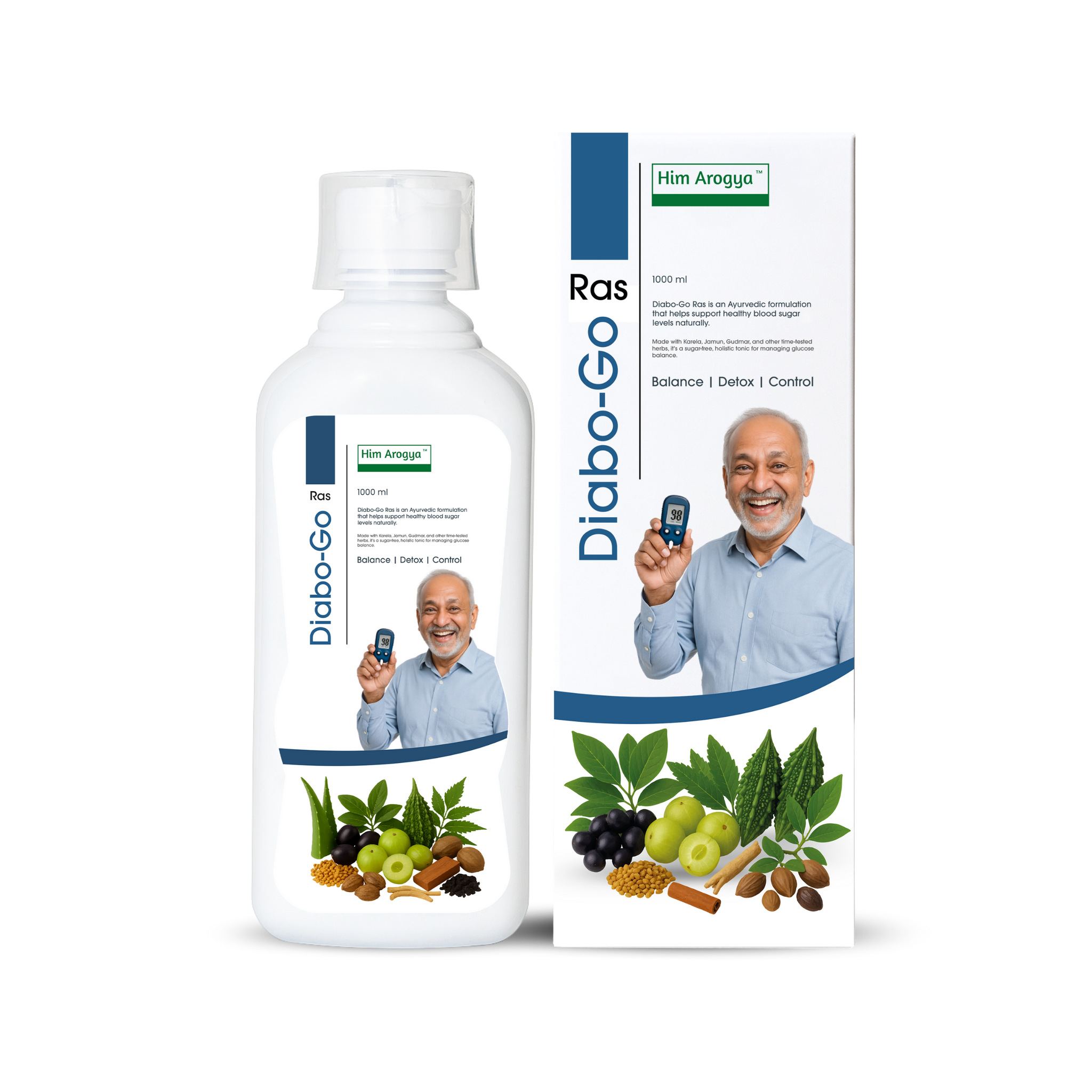 Diabo-Go Ras Ayurvedic Tonic for Balanced Blood Sugar by Him Arogya in 500ml bottle with packaging showing natural ingredients and happy user.