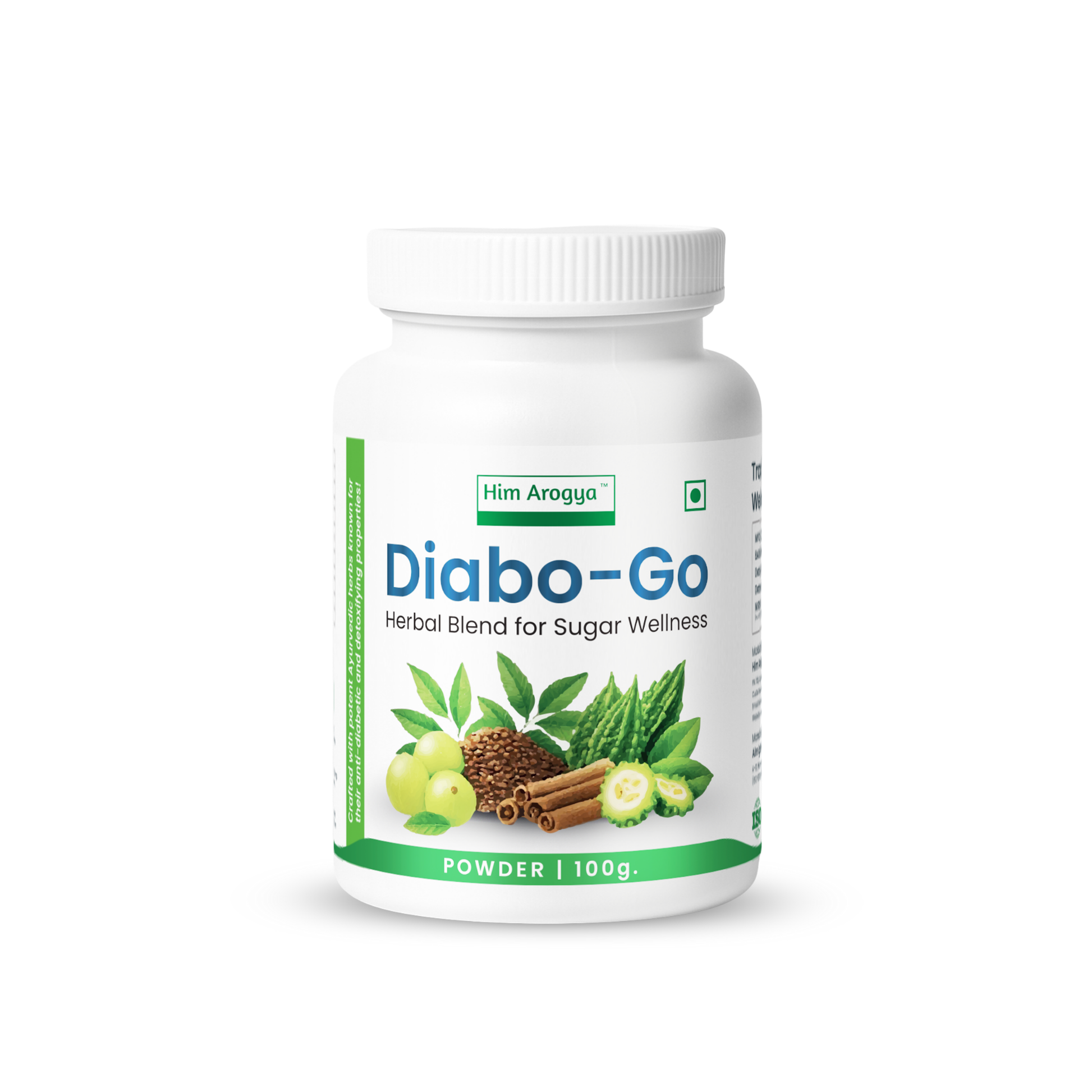 Diabo-Go 100g powder by Him Arogya, an ayurvedic supplement for balanced sugar levels with herbal ingredients like amla, cinnamon, and aloe vera.