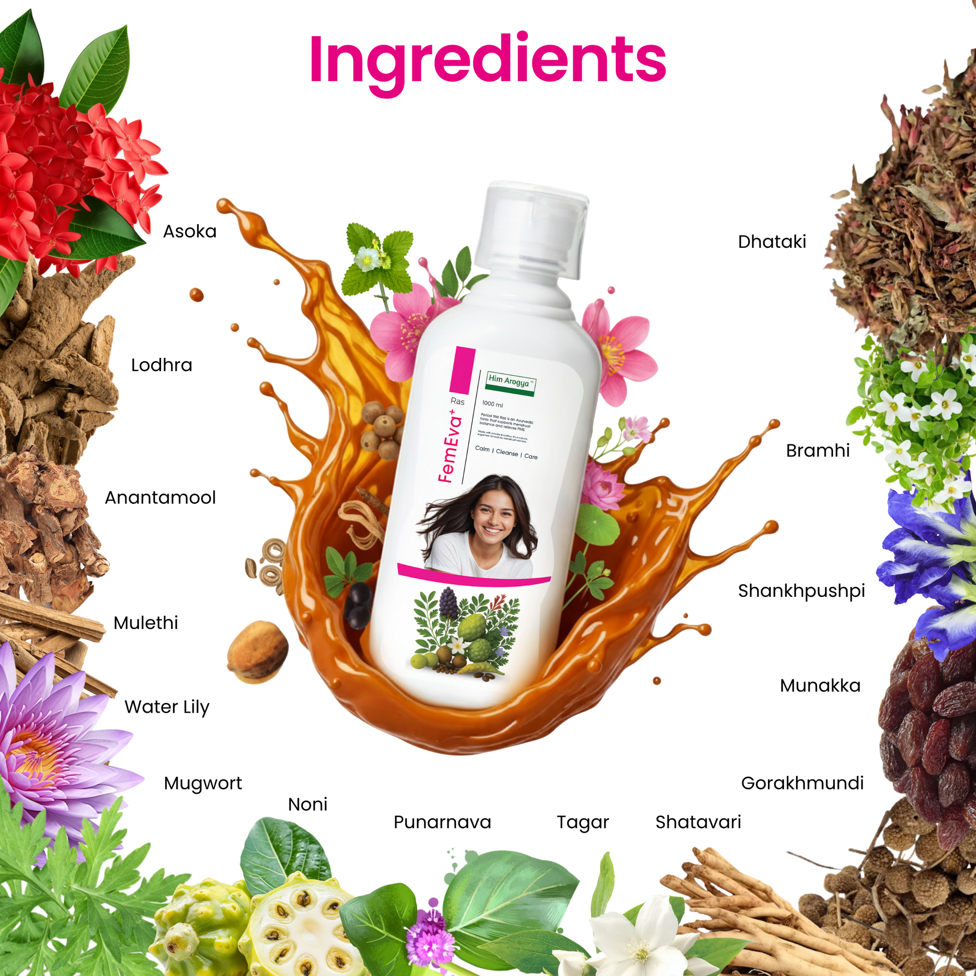 FemEva+ Ras Ayurvedic Tonic for Hormonal Balance & Wellness - Him Arogya bottle surrounded by natural herbs like Ashoka, Shatavari, and Brahmi. Herbal supplement for women’s health.