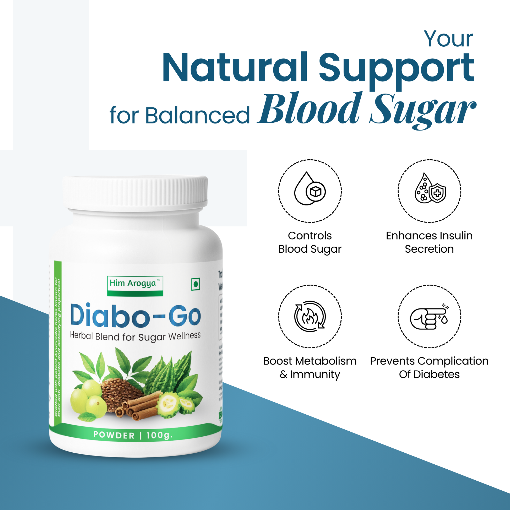 Diabo-Go | Ayurvedic Support for Balanced Sugar Levels – Him Arogya supplement bottle with herbal ingredients, promoting blood sugar control and wellness.