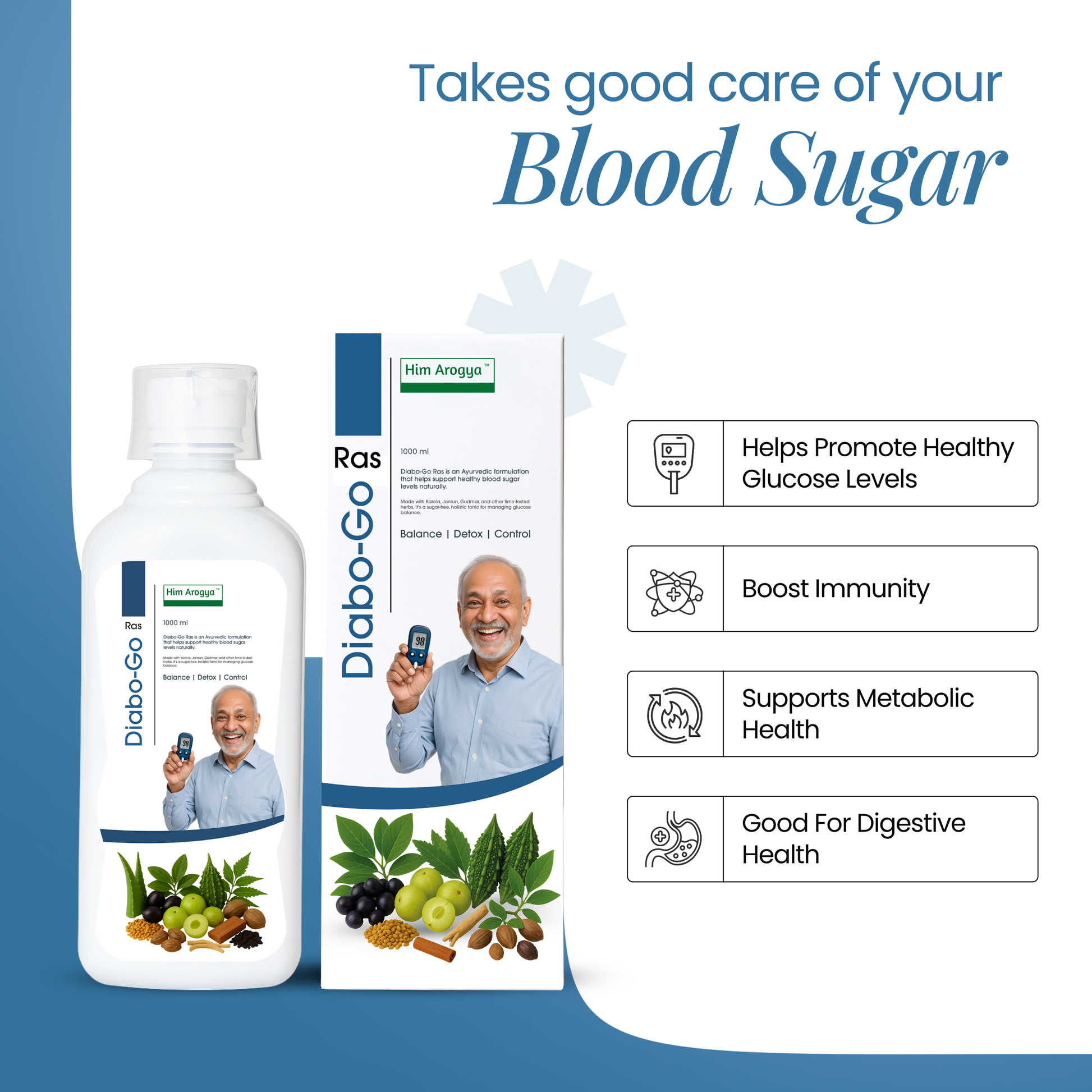 Diabo-Go Ras Ayurvedic Tonic for Balanced Blood Sugar by Him Arogya, 500ml bottle with packaging, promotes glucose control and overall wellness.