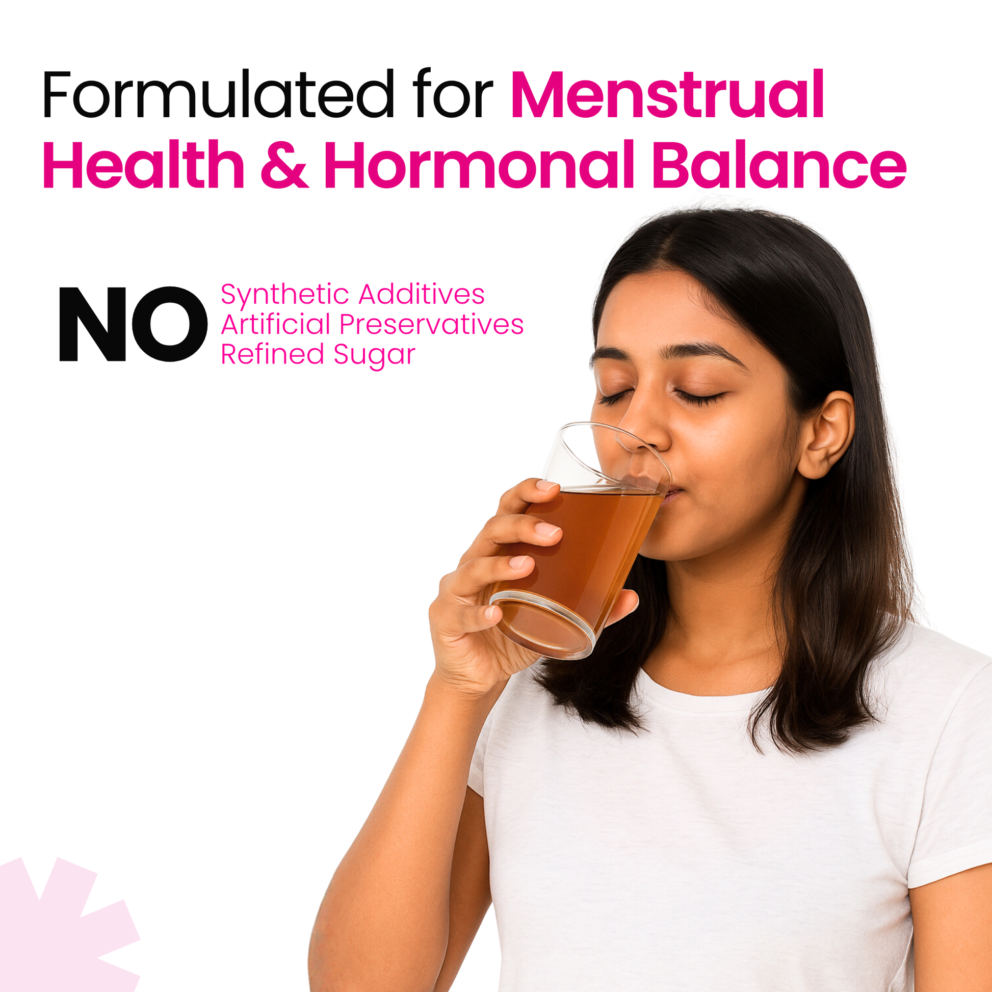 Woman drinking FemEva+ Ras Ayurvedic tonic for menstrual health and hormonal balance by Him Arogya. Natural supplement with no additives or sugar.