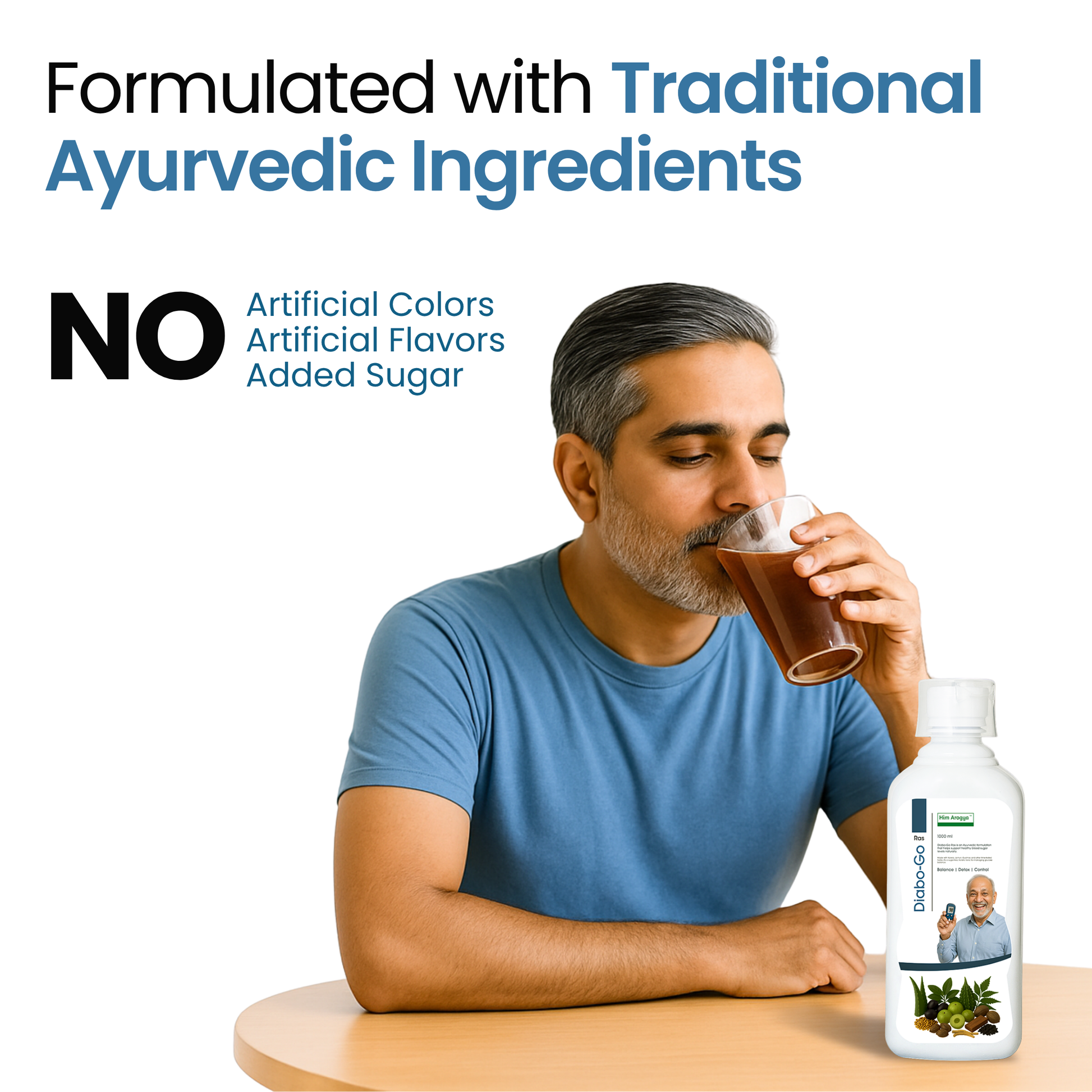 Man drinking Diabo-Go Ras Ayurvedic tonic for balanced blood sugar, 500ml bottle shown with natural herbs on label. No artificial additives.