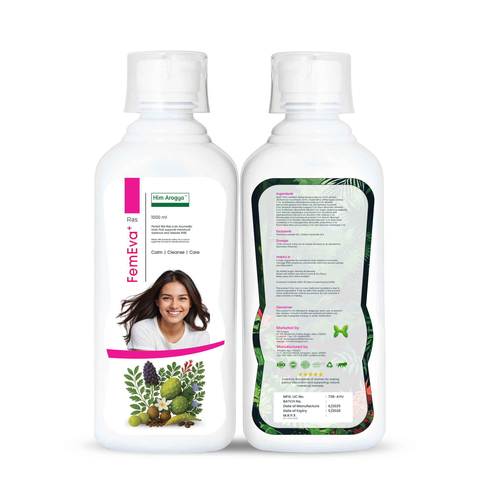 FemEva+ Ras Ayurvedic Tonic by Him Arogya in 500ml bottle, designed for hormonal balance and wellness with natural herbal ingredients.