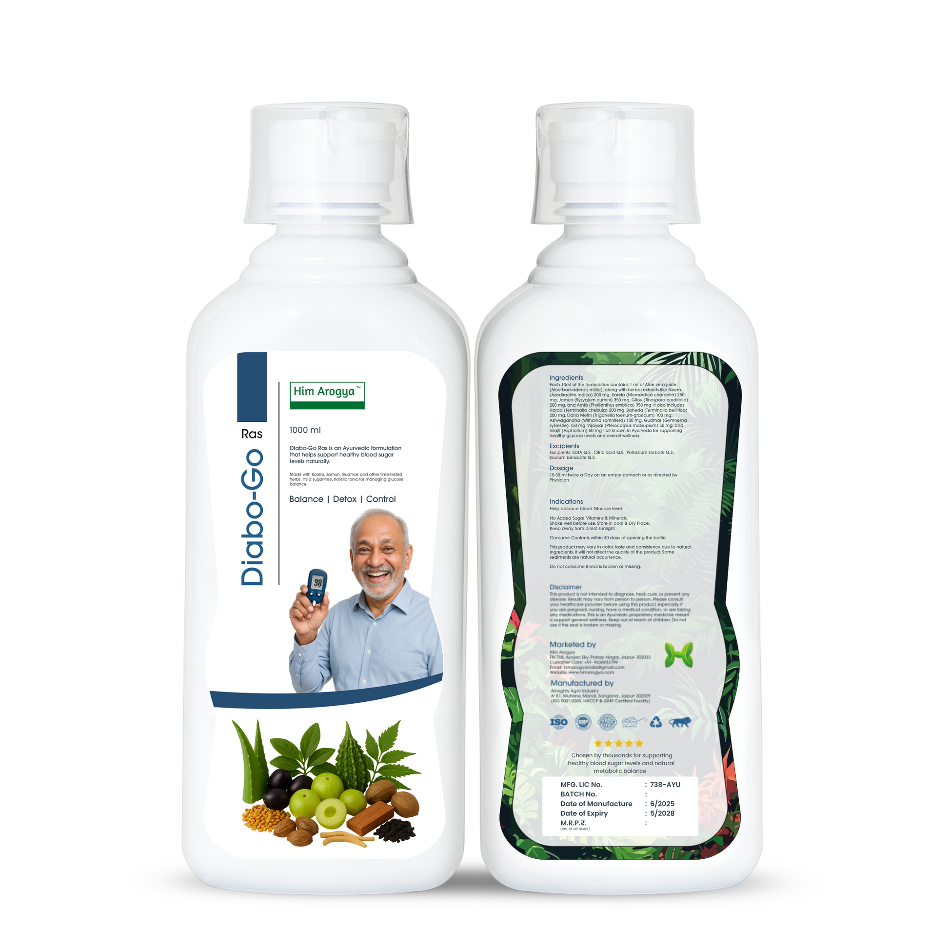 Front and back view of Diabo-Go Ras Ayurvedic Tonic by Him Arogya, 500ml bottle for balanced blood sugar and wellness support.