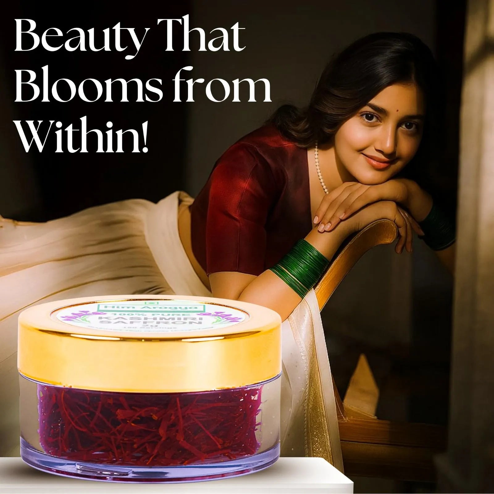 Woman in traditional attire with a jar of red cream labeled 'Beauty That Blooms from Within'.