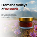 Jar of Kashmiri saffron with saffron flowers and mountains in the background