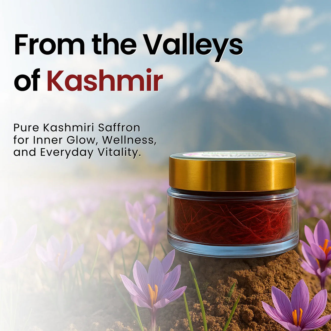 Jar of Kashmiri saffron with saffron flowers and mountains in the background